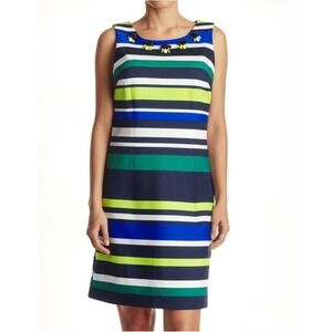 Vince Camuto Shift Dress‎ Multicolor Stripes Scuba Embellished Glamorous Coastal
